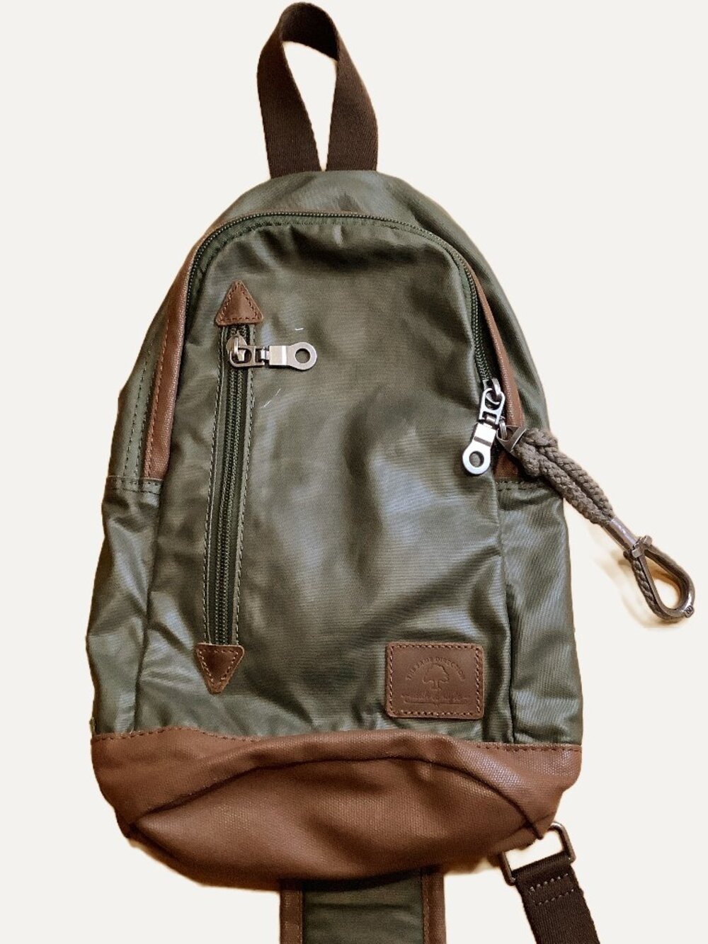 TSD Brand Olive Green Canvas Sling Crossbody Bag Leather Trim Backpack
